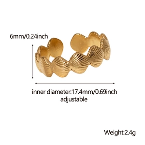 Detailed view of adjustable golden shell texture ring with size dimensions and weight info