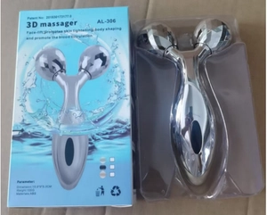 Silver 3D roller massager for face-lift next to its blue retail packaging box