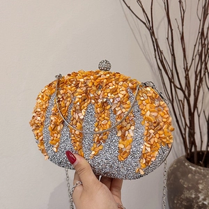 Luxury Shell Rhinestone Evening Clutch Bag For Women Handmade Pumpkin Box Shoulder Bag With Metal Handle Chain Strap Party Handbag