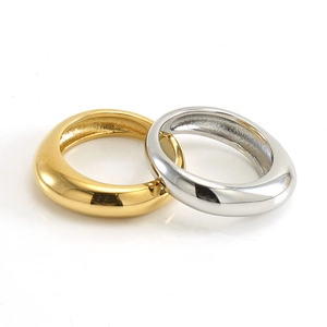 Detailed view of polished gold and silver wide-band stainless steel minimalist rings