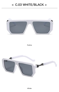 Front and 45-degree angle of white square sunglasses with dark grey lenses and metal hinges