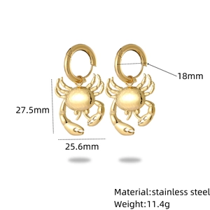 Polished stainless steel gold crab hoop earrings with product dimensions and weight