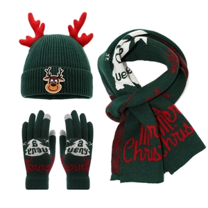Christmas kids deer knit hat scarf glove set with touch screen tips in green and red