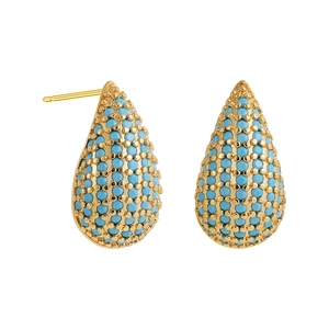 Detailed view of teardrop stud earrings featuring blue micro-beads and gold plating