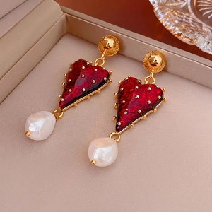 Vintage Red Enamel Heart Dangle Earrings With 925 Sterling Silver Earring Post And Artificial Baroque Pearl Gold Plated Luxury Jewelry