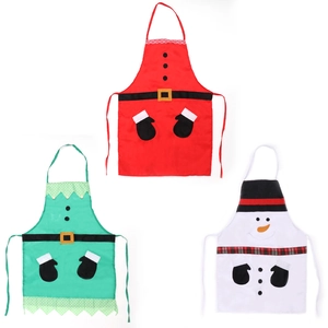 Three Christmas aprons featuring Santa, Elf, and Snowman designs for kitchen holiday decor