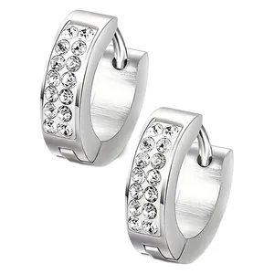 Polished stainless steel huggie earrings with double-row pave set cubic zirconia stones