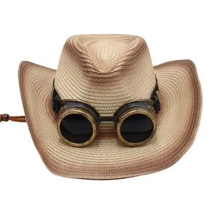 Chapeau de cowboy en paille avec lunettes steampunk vintage et cordelette réglable