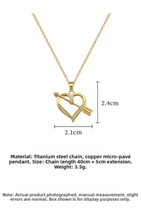 Detail showing titanium steel necklace with crystal arrow through heart pendant dimensions