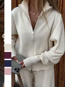 Women Knitted Jacket And Wide Leg Pants Elegant Solid Color Stand Collar Zip Up Loungewear Casual Winter Outfits