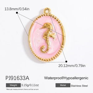 Macro shot of pink enamel seahorse pendant in stainless steel showing 20.12mm size