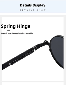 Detail shot of black steampunk sunglasses showing durable metal spring hinge mechanism