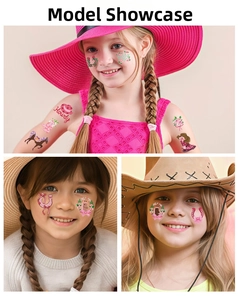 Kids pink cowgirl temporary tattoos showing horse, boots and hat designs on girls' skin