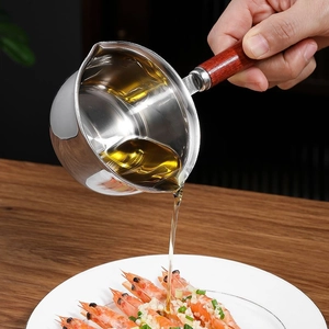 Stainless Steel Mini Oil Pouring Pot With Wooden Handle Dual Pour Spouts For Melting Butter Warming Milk Cookware