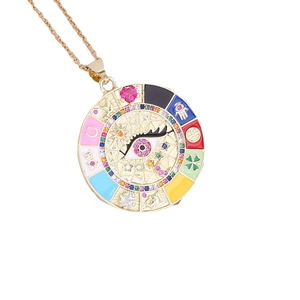 Golden evil eye medallion necklace with colorful enamel lucky symbols and crystals