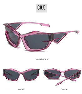 Three-angle views of futuristic pink cat eye sunglasses with grey lenses and wide temples