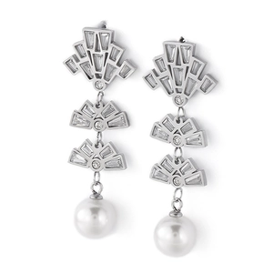 Silver long tassel pearl earrings with geometric fan shape and micro-set rhinestones