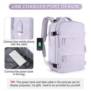 Detail of lavender backpack showing integrated USB charging port and power bank connectivity