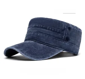 Close-up of navy blue washed cotton cadet cap showing vintage texture and metal eyelets