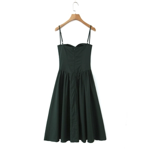 Detail of dark green backless maxi dress featuring thin straps and back zipper closure