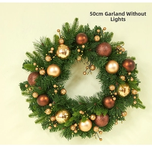 Frontal view of 50cm Christmas wreath with gold ornaments and pine needles without lights