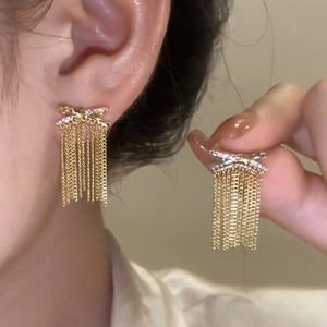 Schleife Quasten Ohrhänger Vergoldetes Kupfer Zirkonia Mit Silberohrstecker Eleganter Schmuck Für Damen