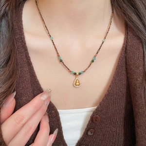 Gourd Necklace Tiger Eye Stone Beads Zircon Inlaid Ethnic Vintage Style Chinese Clavicle Chain Accessories For Women