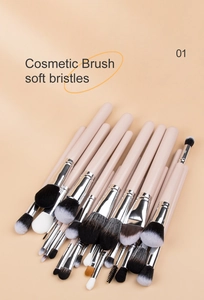 Detail of 24 professional makeup brushes with pink handles and silver metal ferrules