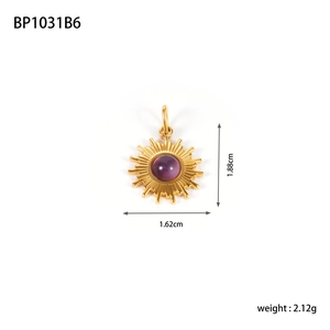 Detail of sun shaped stainless steel pendant with purple stone, 1.62cm x 1.88cm specs