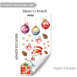 Detail of Christmas snowman window stickers set with ornaments and 30x60cm dimensions
