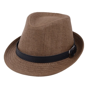 Classic brown straw fedora hat for men and women with black leather band and silver buckle