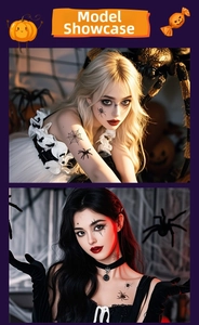 Macro detail of 3D spider and web temporary tattoos on model face for Halloween