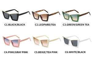 Detailed grid showing six color variants of butterfly cat-eye sunglasses with metal trim