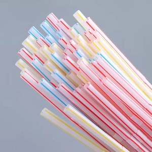 Colorful striped flexible plastic straws for juice and milk tea in a bulk bundle set