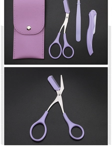 Detail of purple eyebrow grooming set with folding razor, tweezers and comb scissors