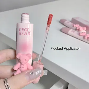 Gegebear matte velvet lip glaze with a pink 3D bear design and soft flocking brush head