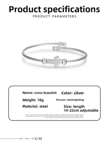 Silver braided steel cross bracelet with adjustable length and polished finish details
