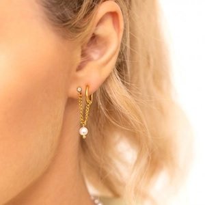 Elegant gold double piercing earring with delicate chain tassels and pearl accents