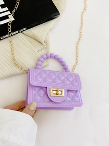 Purple PVC jelly shoulder bag with quilted pattern, pearl handle and gold chain strap