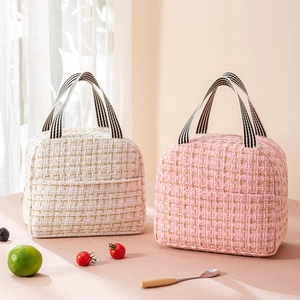 Insulated Lunch Bag Tweed Fabric Thermal Portable Handbag For Office School Picnic Waterproof Cold Storage