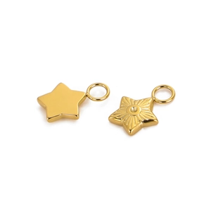 Détail de pendentifs en forme d'étoile dorée avec finitions lisses et texturées en acier