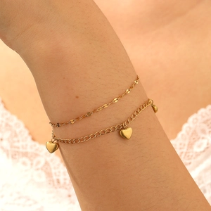 Bracelet En Acier Inoxydable Double Couche Avec Pendentifs Cœur Couleur Or Bijoux Élégants Pour Femmes Cadeau