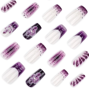 3D purple floral long square press-on nails with rhinestone accents and French tips