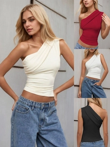Women One Shoulder Tank Top Ruched Sleeveless Slim Fit Polyester Slant Neck Solid Color Sexy Summer Crop Top Vest