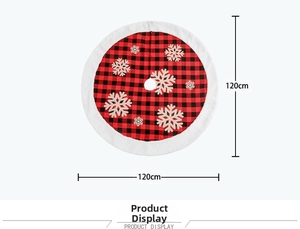 Detail view of 120cm red and black plaid Christmas tree skirt with white snowflake patterns