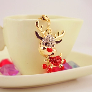 Golden Christmas reindeer keychain with sparkling crystals and red enamel detail