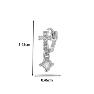 Detail view of silver earring with micro-pave cross and crystal charms measuring 1.45cm