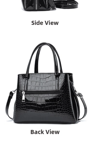 Vues arrière et latérale d'un sac à main en cuir verni noir avec motif crocodile