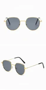 Dual-view of classic round sunglasses with golden metal frames and black temples