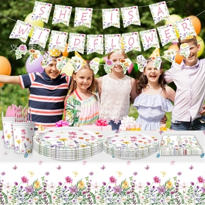 Wildflower themed party tableware set with banners cups and plates for kids birthday party